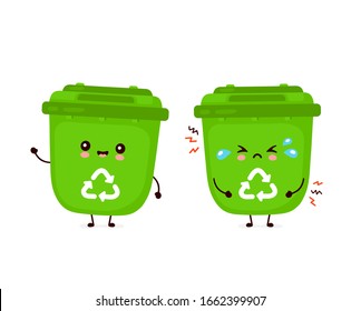 Cute happy smiling  and sad cry trash bin. Vector flat cartoon character illustration icon design.Isolated on white background. Recycling trash, sorted garbage concept