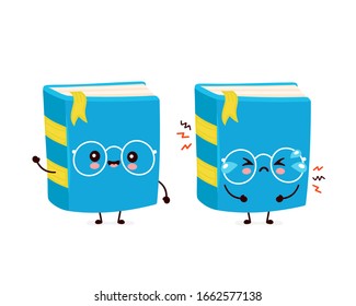 Cute happy smiling and sad cry book. Vector flat cartoon character illustration icon design.Isolated on white background. Book, education concept