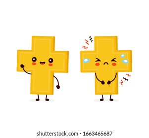 Cute happy smiling and sad cry christian cross. Vector flat cartoon character illustration icon design.Isolated on white background. Christian cross concept
