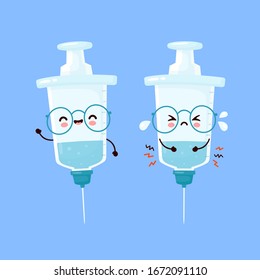 Cute jeringa alegre sonriente y triste llanto. Icono de ilustración de caricaturas planas vectoriales. Jeringa,concepto de vacuna médica