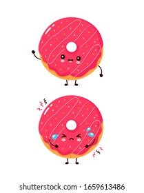 Cute feliz sonriendo y triste donut. Icono de ilustración de caricatura plana vectorial.Aislado sobre fondo blanco. Donut,concepto de menú de panadería