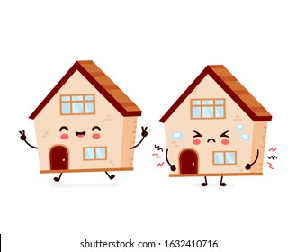 Cute happy smiling and sad house. Vector flat cartoon character illustration icon design. House build,home concept