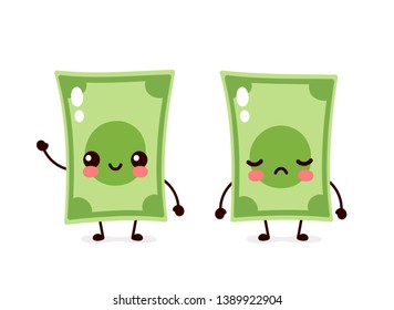 Cute happy smiling and sad money banknote. Vector flat cartoon character illustration icon design. Isolated on white background. Dollar bill,money rise and fall,banknote concept