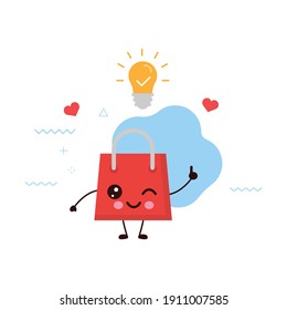 Cute happy smiling shopping bag character got The Idea with Bulb.card or poster design.