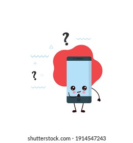 Espléndido smartphone sonriente con signo de interrogación.tarjeta o diseño de afiches.ilustración de caricatura kawaii.linda ilustración para niños