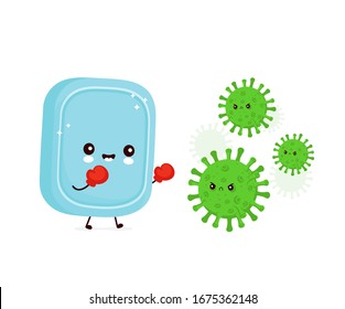 Cute happy smiling soap fight with virus. Vector cartoon character illustration icon design.Isolated on white background