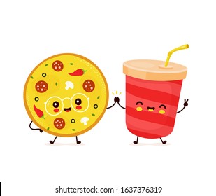 Cute happy smiling soda cup and pizza. Vector flat cartoon character illustration icon design. Soda cup and pizza,fast food kids menu concept