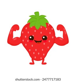 Cute happy smiling strawberry  show muscle character. Vector hand drawn cartoon kawaii character