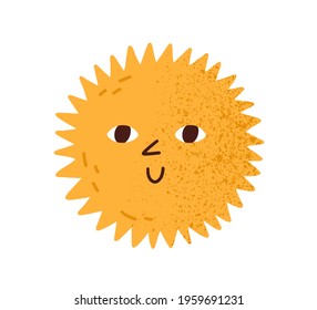 Cute happy smiling sun with eyes. Funny hot summer weather icon. Childish Scandinavian doodle textured drawing. Colored flat graphic vector illustration isolated on white background.