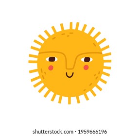 Cute happy smiling sun with funny face. Hot summer sunny weather icon. Children's Scandinavian doodle drawing. Childish colored flat graphic vector illustration isolated on white background