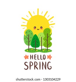 Cute happy smiling sun hugs trees. Hello spring card.Vector hand drawing style illustration card desgin. Isolated on white background. Spring,sun,love forest concept