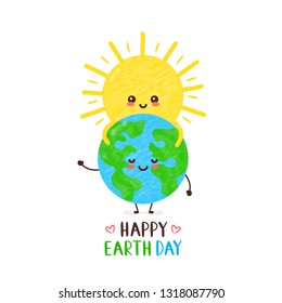 Cute happy smiling sun hugs Earth planet. Happy Earth day card.Vector hand drawing style illustration card desgin. Isolated on white background. Spring,sun,earth day,go green,ecology card concept