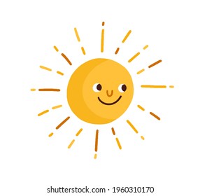 Cute happy smiling sun with rays. Childish drawing in Scandinavian style. Hot summer weather icon. Funny sunny character. Colored flat vector illustration isolated on white background