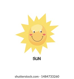 Cute happy smiling sun symbol flat cartoon character vector hand drawn illustration icon isolated on white background. Element of solar system for kids educational project.
