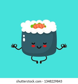 Cute happy smiling sushi,roll meditate.Vector hand drawing style illustration card desgin. Isolated on white background. Asian,japanese,chinese food. Cute sushi relax in lotus yoga pose concept