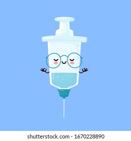 Cute happy smiling syringe meditate. Vector flat cartoon character illustration icon design. Syringe,medical vaccine concept