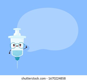 Cute happy smiling syringe with speech bubble. Vector flat cartoon character illustration icon design. Syringe,medical vaccine concept