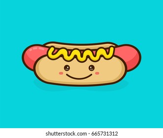Cute happy smiling tasty hot dog. Vector modern line outline flat style cartoon character illustration. Isolated on blue background.Concept creative card, logo for street food hot dog cafe