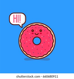 Cute happy smiling tasty pink donut say hi! in speech bubble. Vector modern line outline flat style cartoon character illustration. Isolated on blue background.Concept creative card for cafe