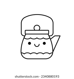 Cute happy smiling teapot cartoon character line icon. Coloring book for children. Vector illustration in outline style.