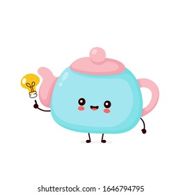 Cute happy smiling teapot with light bulb. Vector flat cartoon character illustration icon design.Isolated on white background. Teapot,tea menu concept
