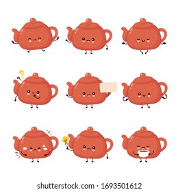 Cute happy smiling teapot set collection. Vector flat cartoon character illustration icon design.Isolated on white background. Teapot,tea menu bundle concept