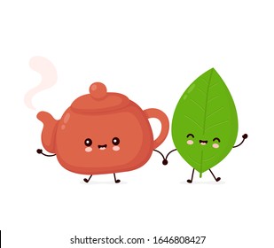 Cute feliz, sonriente tetera y hoja de té. Icono de ilustración de caricatura plana vectorial.Aislado sobre fondo blanco. Tetera, concepto de menú de té