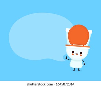 Cute happy smiling toilet bowl with speech bubble. Vector flat cartoon character illustration icon design. WC, toilet bowl concept