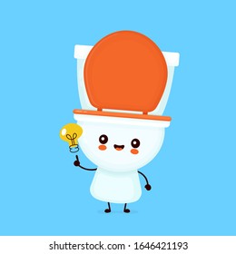 Cute happy smiling toilet bowl with light bulb. Vector flat cartoon character illustration icon design. WC, toilet bowl concept