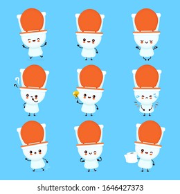 Cute happy smiling toilet bowl set collection. Vector flat cartoon character illustration icon design. WC, toilet bowl bundle concept