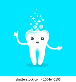 Cute happy smiling tooth. Flat vector cartoon character illustration. Care of teeth. Dental concept for children dentistry. Prevention of diseases of oral cavity.
