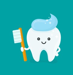 Cute Happy Smiling Tooth With Toothbrush And Toothpaste Hairstyle.Vector Modern Flat Style Cartoon Character Illustration.Isolated Blue Background.Clear Tooth Concept.Brushing Teeth.Dental Kids Care