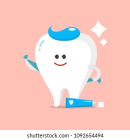 Cute happy smiling tooth with toothbrush and toothpaste hairstyle.Vector modern flat style cartoon character illustration.Isolated pink background.Clear tooth concept.Brushing teeth.Dental kids care