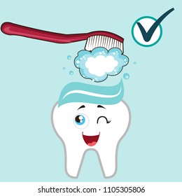 Cute happy smiling tooth with toothbrush and toothpaste hairstyle.Vector modern flat style cartoon character illustration. Isolated blue background. Clear tooth concept.Brushing teeth.Dental kids care