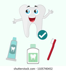 Cute happy smiling tooth with toothbrush and toothpaste hairstyle.Vector modern flat style cartoon character illustration. Isolated blue background. Clear tooth concept.Brushing teeth.Dental kids care