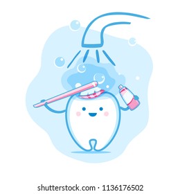 Cute happy smiling tooth with toothbrush and toothpaste washes. Vector modern flat illustration on white isolated background. Brush teeth. Dental treatment of children.