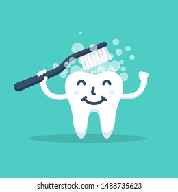 Cute happy smiling tooth with toothbrush and toothpaste. Cartoon character. Brushing teeth. Vector flat design. Isolated on white background. Template for children's illustrations.