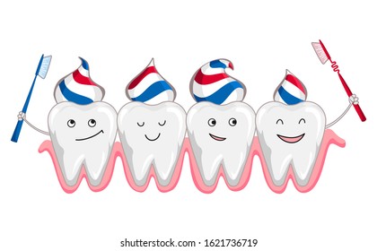 Cute happy smiling tooth with toothbrush and