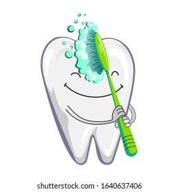 Cute happy smiling tooth with toothbrush