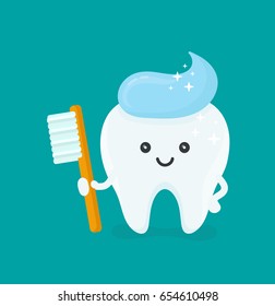 Cute happy smiling tooth with toothbrush and toothpaste hairstyle.Vector modern flat style cartoon character illustration.Isolated blue background.Clear tooth concept.Brushing teeth.Dental kids care