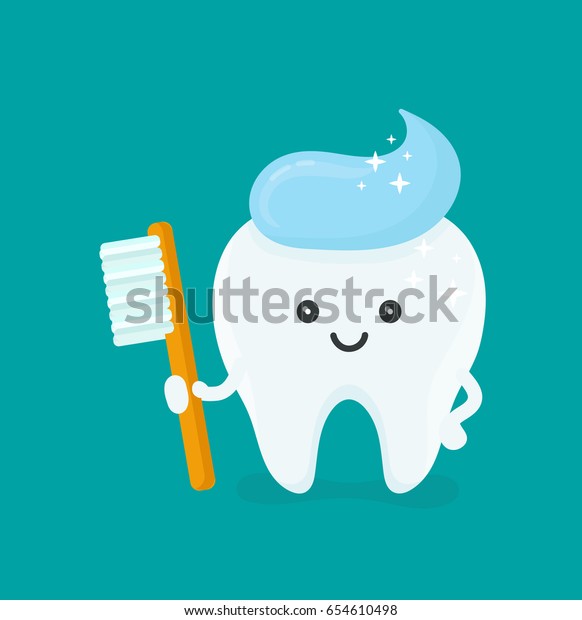 歯ブラシと歯磨き粉のヘアスタイルのかわいい笑顔の歯 ベクター画像の平らなスタイルの漫画のキャラクターイラスト 分離型青の背景 歯のコンセプトをクリア 歯 を磨く歯 歯科の子供のケア のベクター画像素材 ロイヤリティフリー 654610498