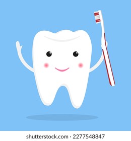 Cute happy smiling tooth with toothbrush.Vector illustration isolated on white background.Eps 10.