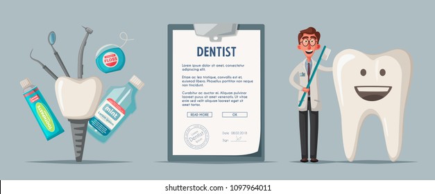 Cute happy smiling tooth. Vector cartoon illustration. Funny characters