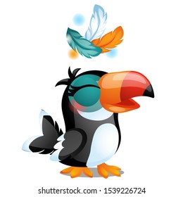 Cute happy smiling Toucan with feathers above his head isolated on a white background. Vector cartoon close-up illustration