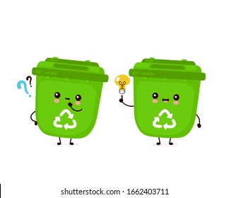 Cute happy smiling trash bin with question mark and idea lightbulb. Vector flat cartoon character illustration icon design.Isolated on white background. Recycling trash, sorted garbage concept