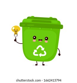 Cute happy smiling trash bin with light bulb. Vector flat cartoon character illustration icon design.Isolated on white background. Recycling trash, sorted garbage concept