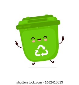 Cute happy smiling trash bin. Vector flat cartoon character illustration icon design.Isolated on white background. Recycling trash, sorted garbage concept