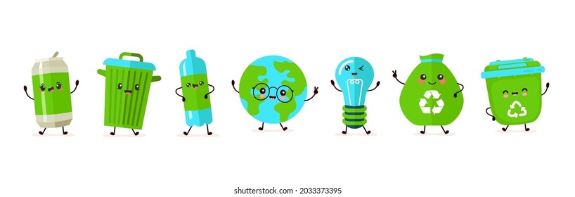Cute happy smiling trash bin earth and planet flat cartoon character