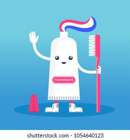 Cute happy smiling tube with toothpaste and toothbrush. Flat vector cartoon character illustration. Care of teeth. Dental concept for children dentistry. Prevention of diseases of oral cavity.