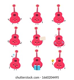 Cute happy smiling ukulele guitar set collection. Vector flat cartoon character illustration icon design.Isolated on white background. Ukulele guitar,music mascot bundle concept